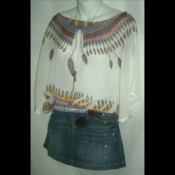 y2k Wet Seal Blouse Batwing Sleeves White Purple Bohemian Print Sheer Boho Top M - Picture 4 of 8